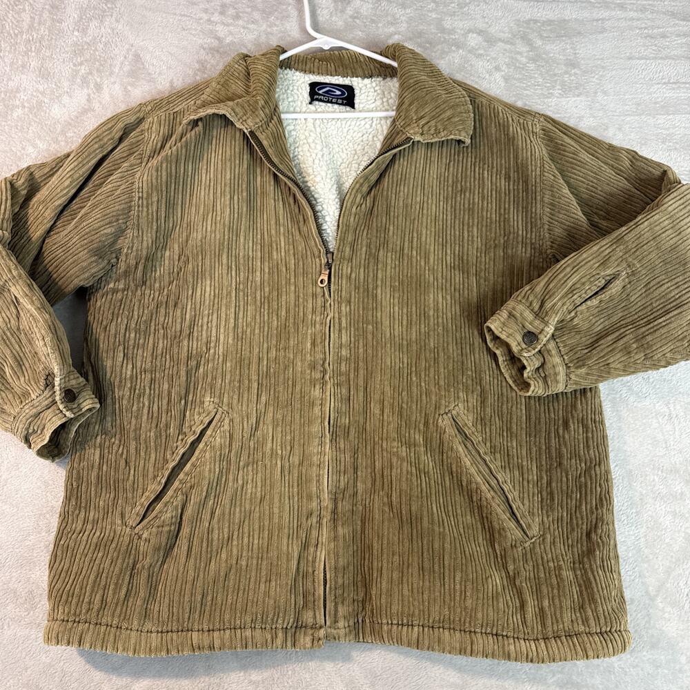 Vintage Protest Corduroy Jacket Mens L 90s Zip Skate Grunge Sherpa Y2K Tan